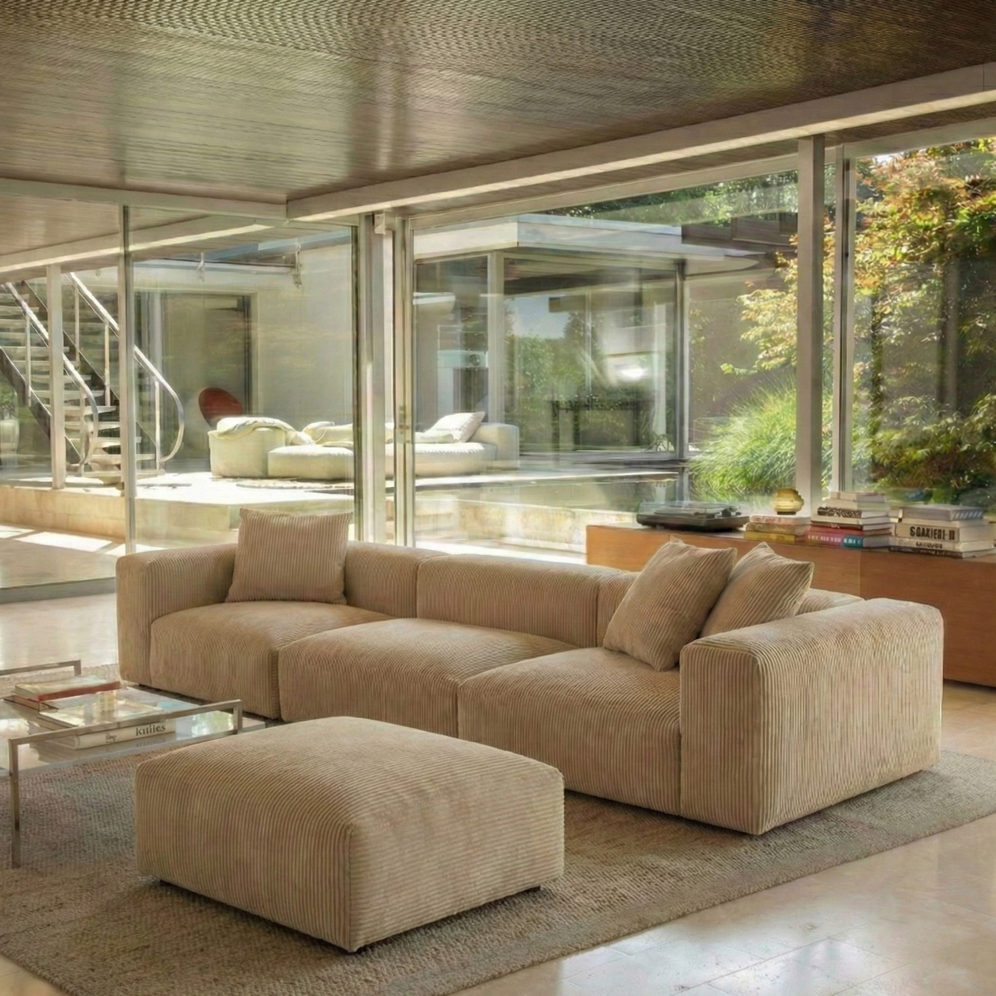 Modern living room with a beige sectional sofa and ottoman, large windows, and a glass coffee table.