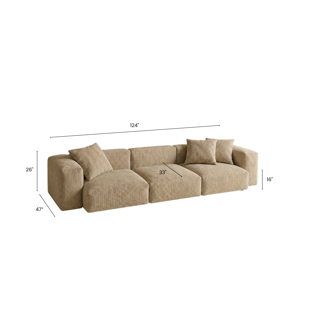 Beige modular sofa with dimension on a white background.