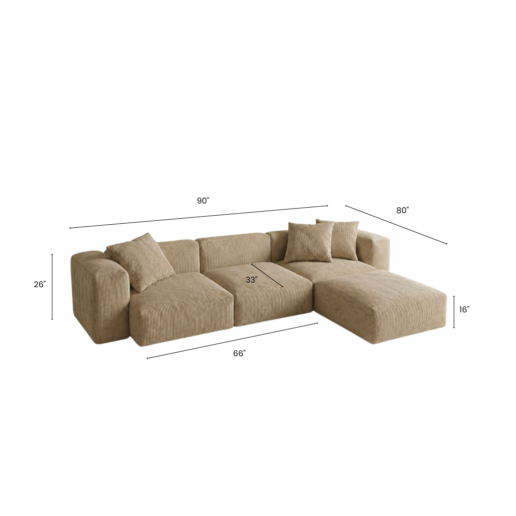 Beige modular sofa with dimension on a white background.