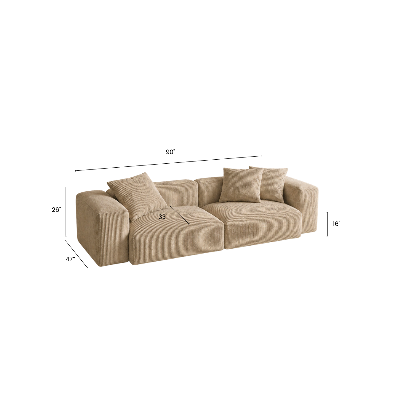 Beige modular sofa with dimension on a white background.