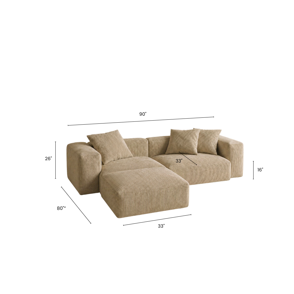 Beige sectional sofa with dimensions on a white background