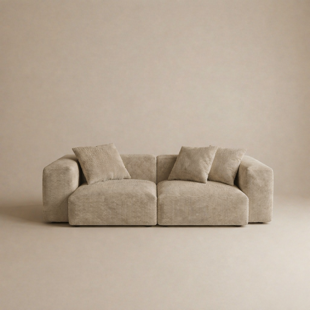 Beige sofa with three cushions on a beige background