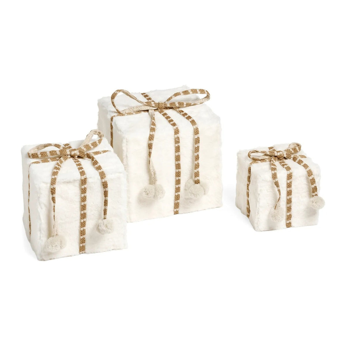Set of three white plush decorative gift boxes with brown-and-white striped bows