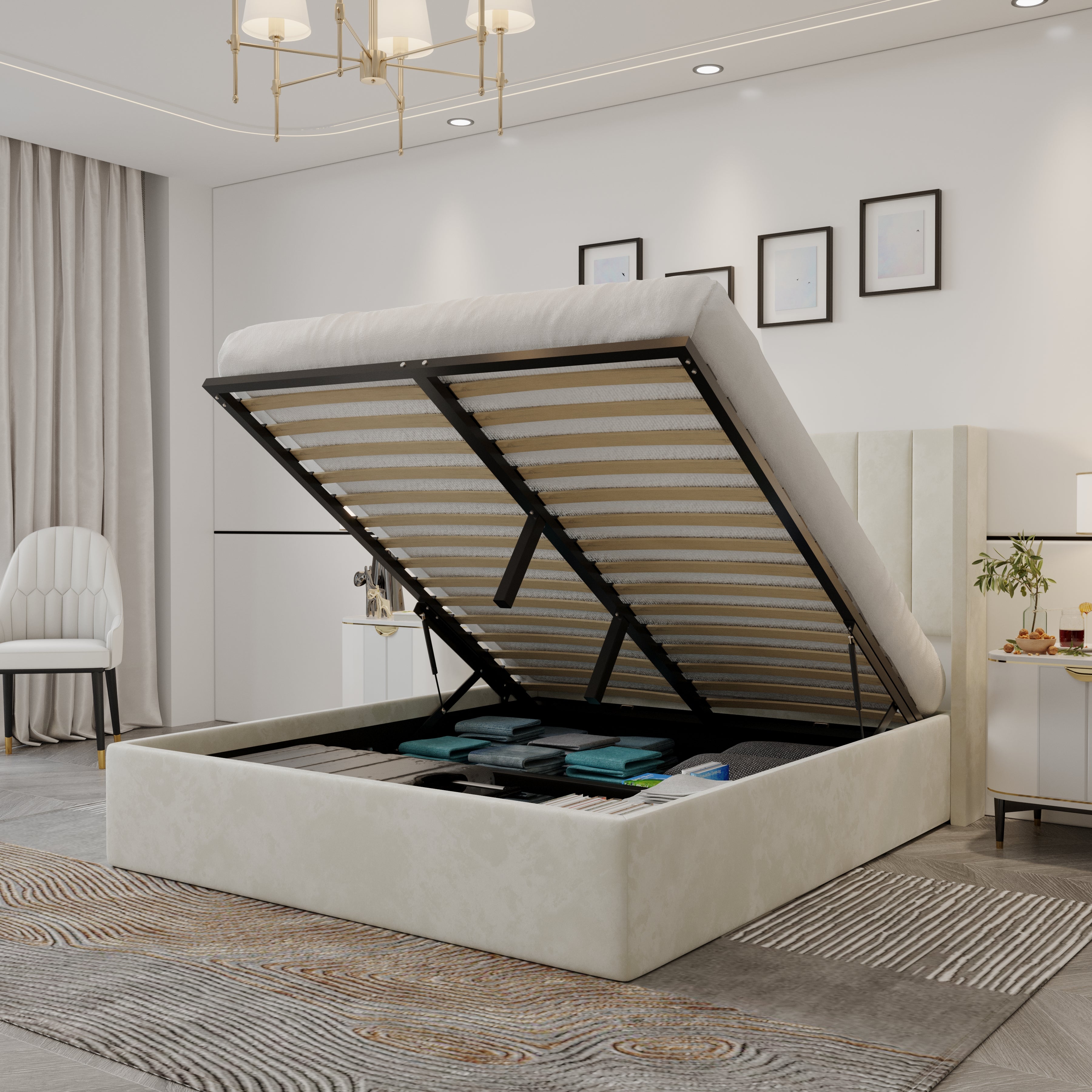 Plush Velvet Storage Bed side view with lifted hydraulic frame revealing spacious underbed storage in a modern bedroom