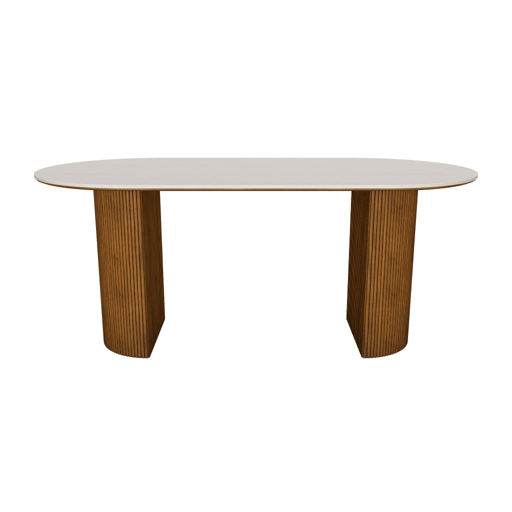 3D model of the Crescent Grove Dining Table, 71" x 35" (180 x 90 cm), oval white travertine-look sintered stone top and two fluted walnut-finished ash pedestals