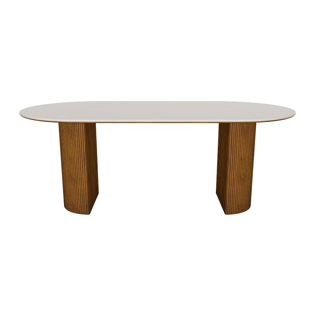 3D model of the Crescent Grove Dining Table, 79" x 39" (200 x 100 cm), oval white travertine-look sintered stone top and two fluted walnut-finished ash pedestals