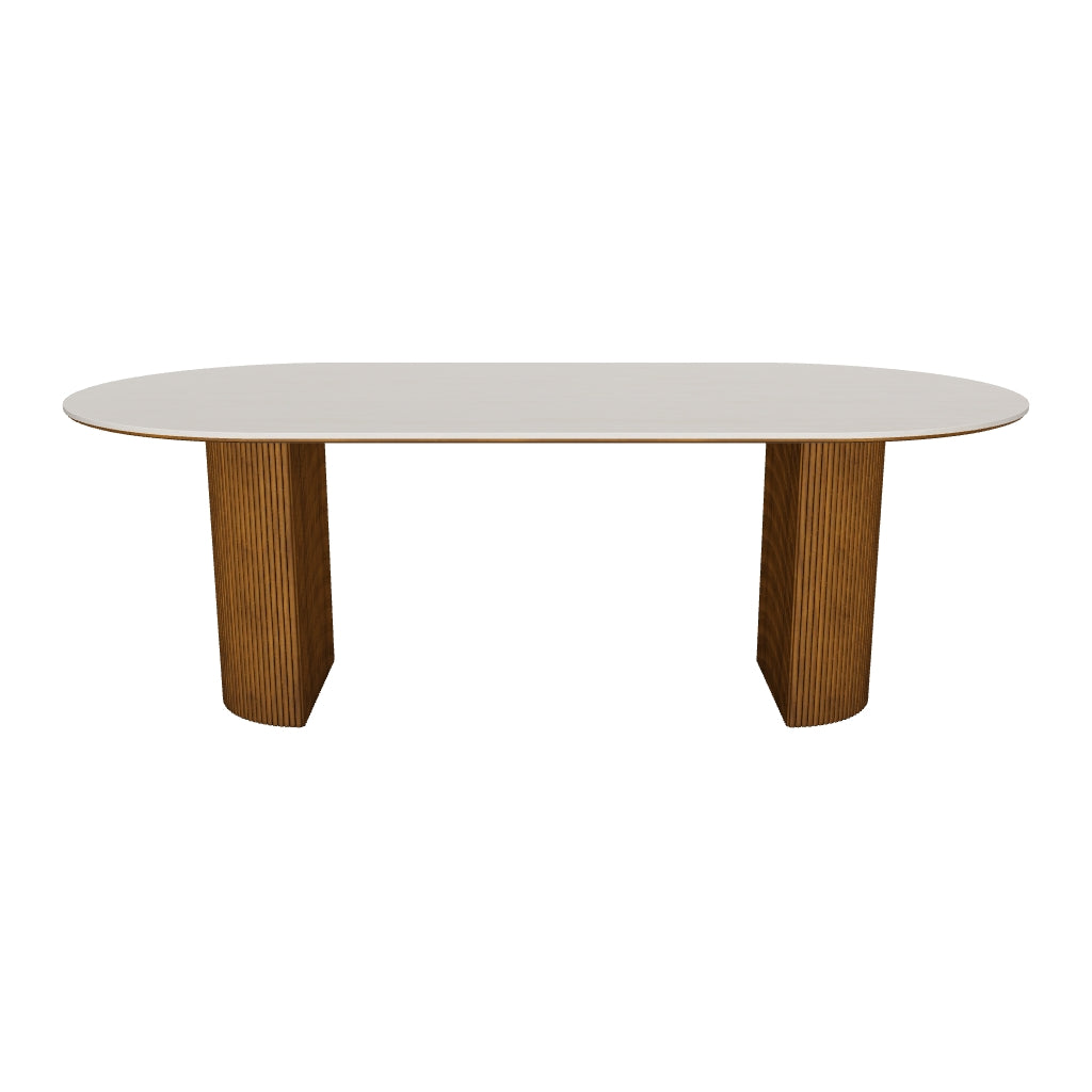 3D model of the Crescent Grove Dining Table, 87" x 43" (220 x 110 cm), oval white travertine-look sintered stone top and two fluted walnut-finished ash pedestals