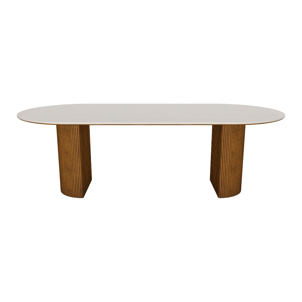 3D model of the Crescent Grove Dining Table, 95" x 43" (240 x 110 cm), oval white travertine-look sintered stone top and two fluted walnut-finished ash pedestals