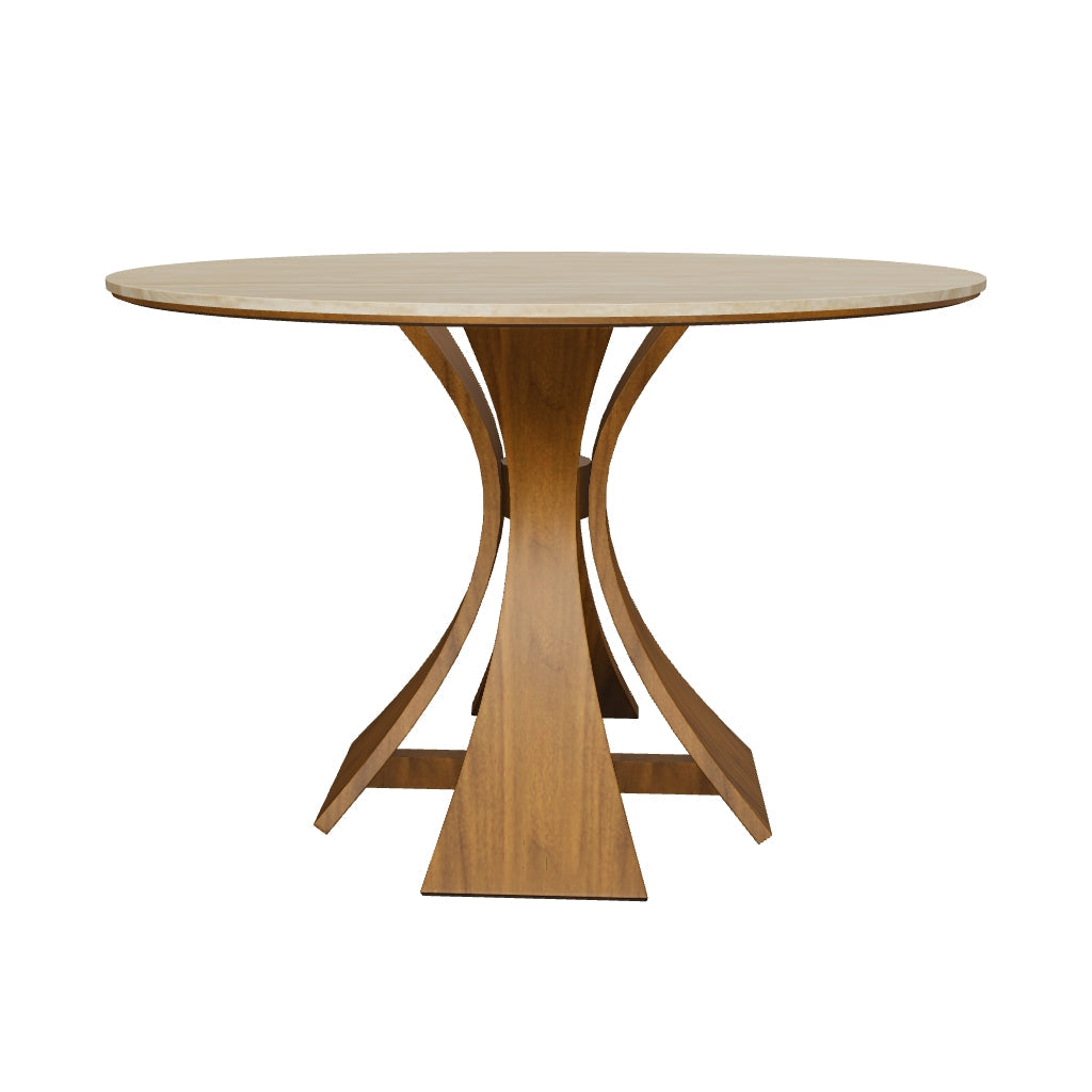 3D model of the Elowen Round Dining Table, 43" (110 cm), natural travertine-look sintered stone top and walnut-finished ash pedestal base