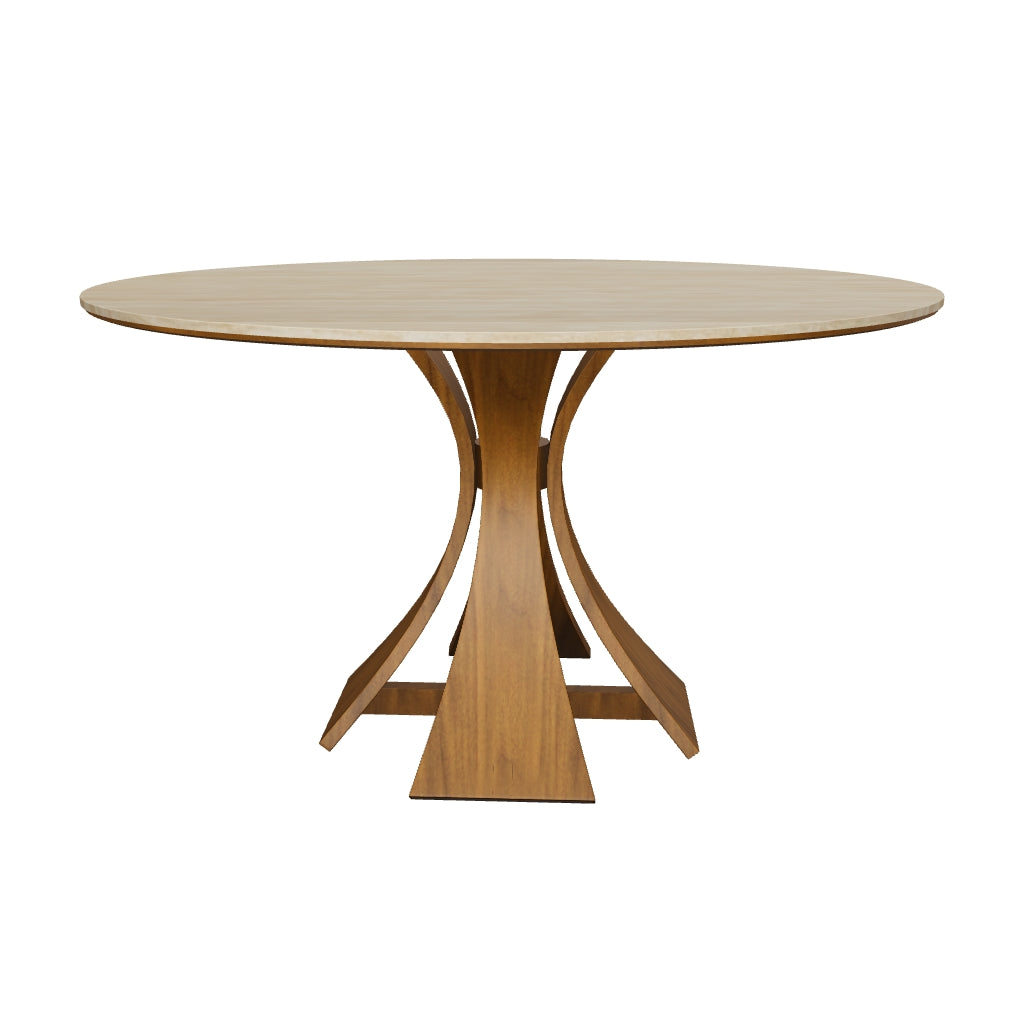 3D model of the Elowen Round Dining Table, 51" (130 cm), natural travertine-look sintered stone top and walnut-finished ash pedestal base