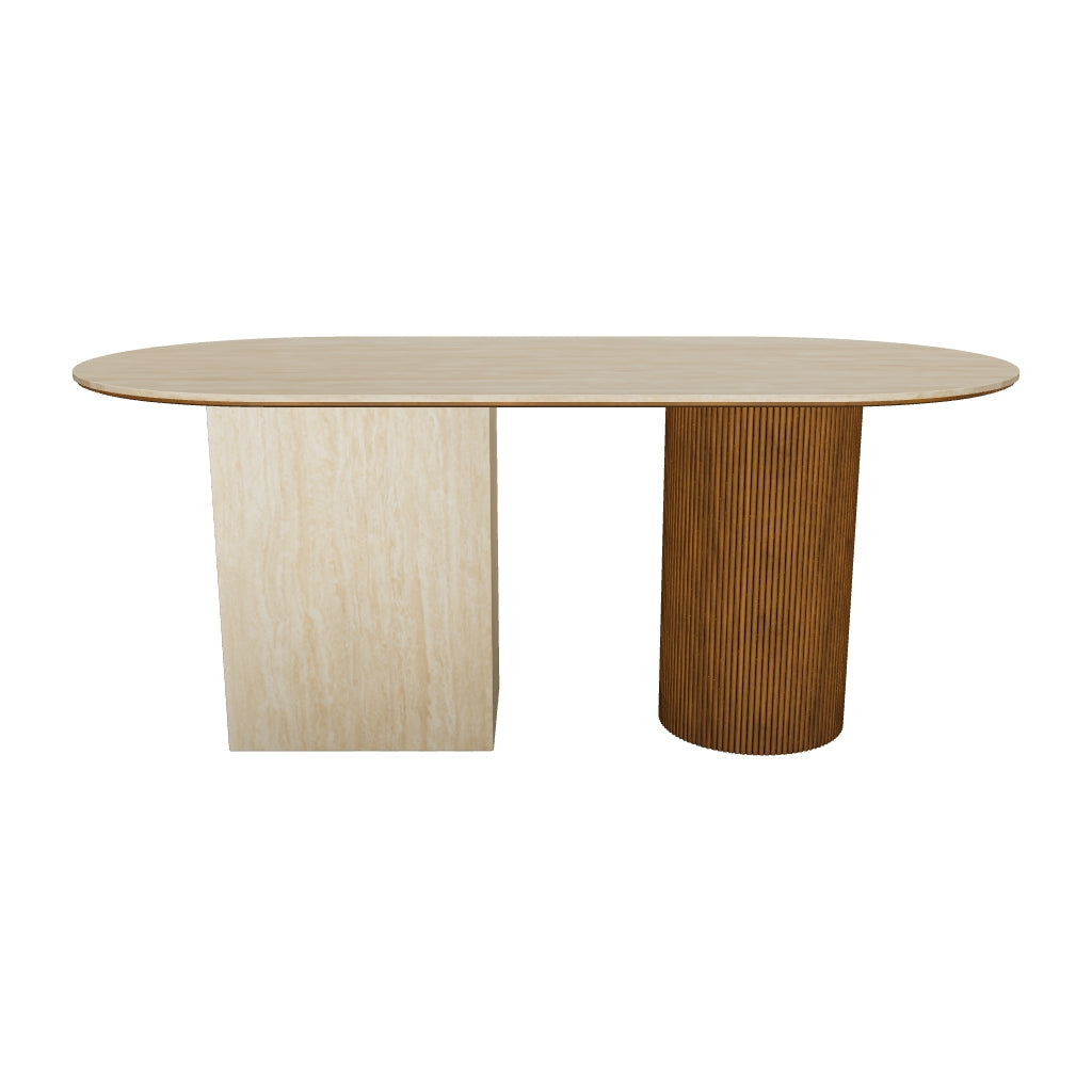 3D model of the Gianna Dining Table, 71" x 35" (180 x 90 cm), oval travertine-look sintered stone top with one sintered stone pedestal and one fluted walnut-finished ash pedestal