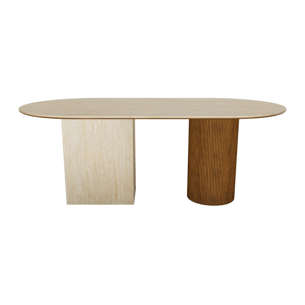 3D model of the Gianna Dining Table, 79" x 39" (200 x 100 cm), oval travertine-look sintered stone top with one sintered stone pedestal and one fluted walnut-finished ash pedestal
