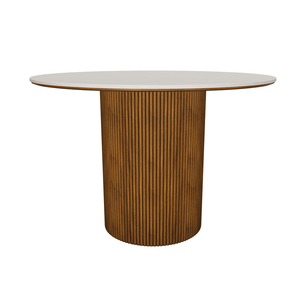 3D model of the Lucia Dining Table, 43" (110 cm), white travertine-look sintered stone top and fluted walnut-finished ash pedestal