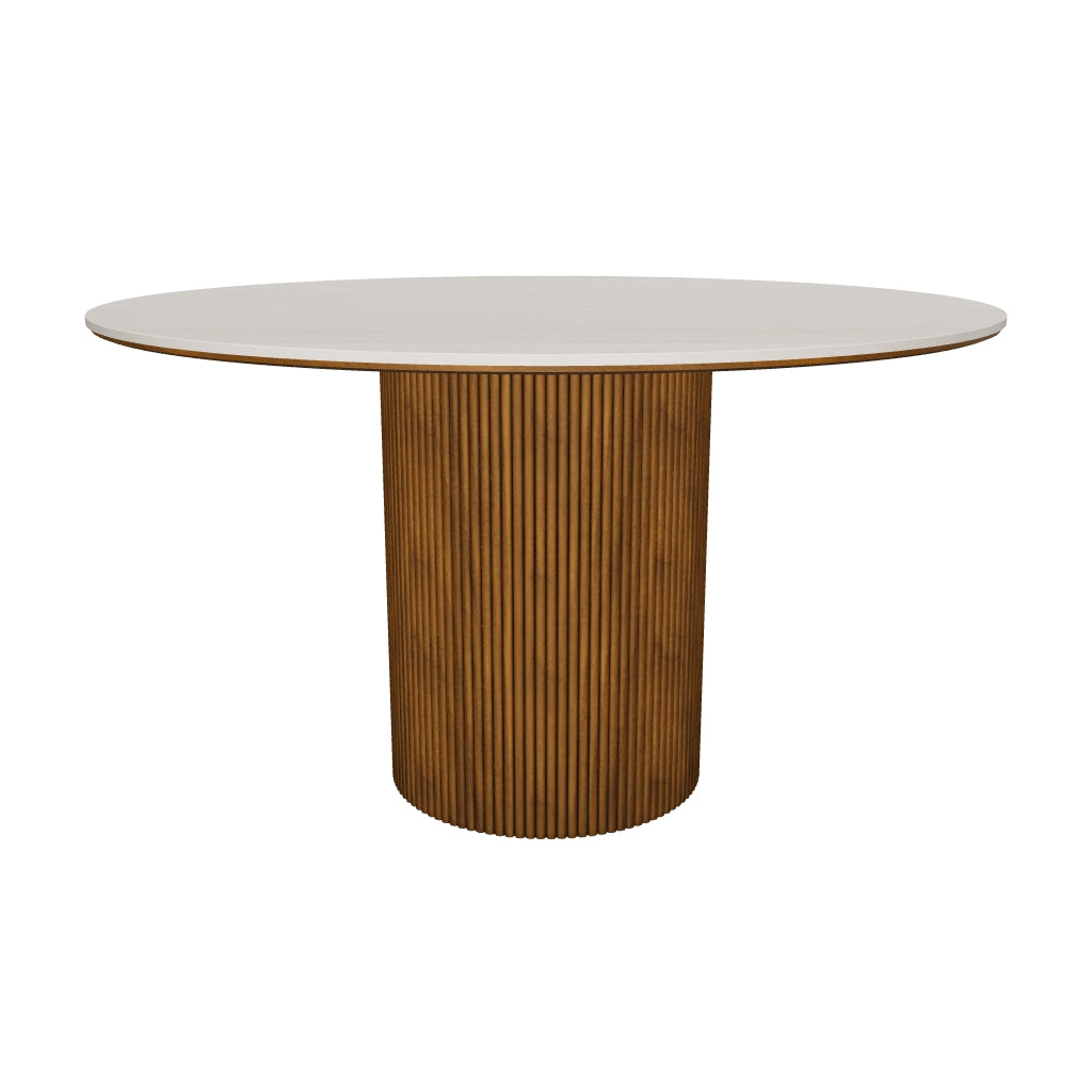 3D model of the Lucia Dining Table, 51" (130 cm), white travertine-look sintered stone top and fluted walnut-finished ash pedestal