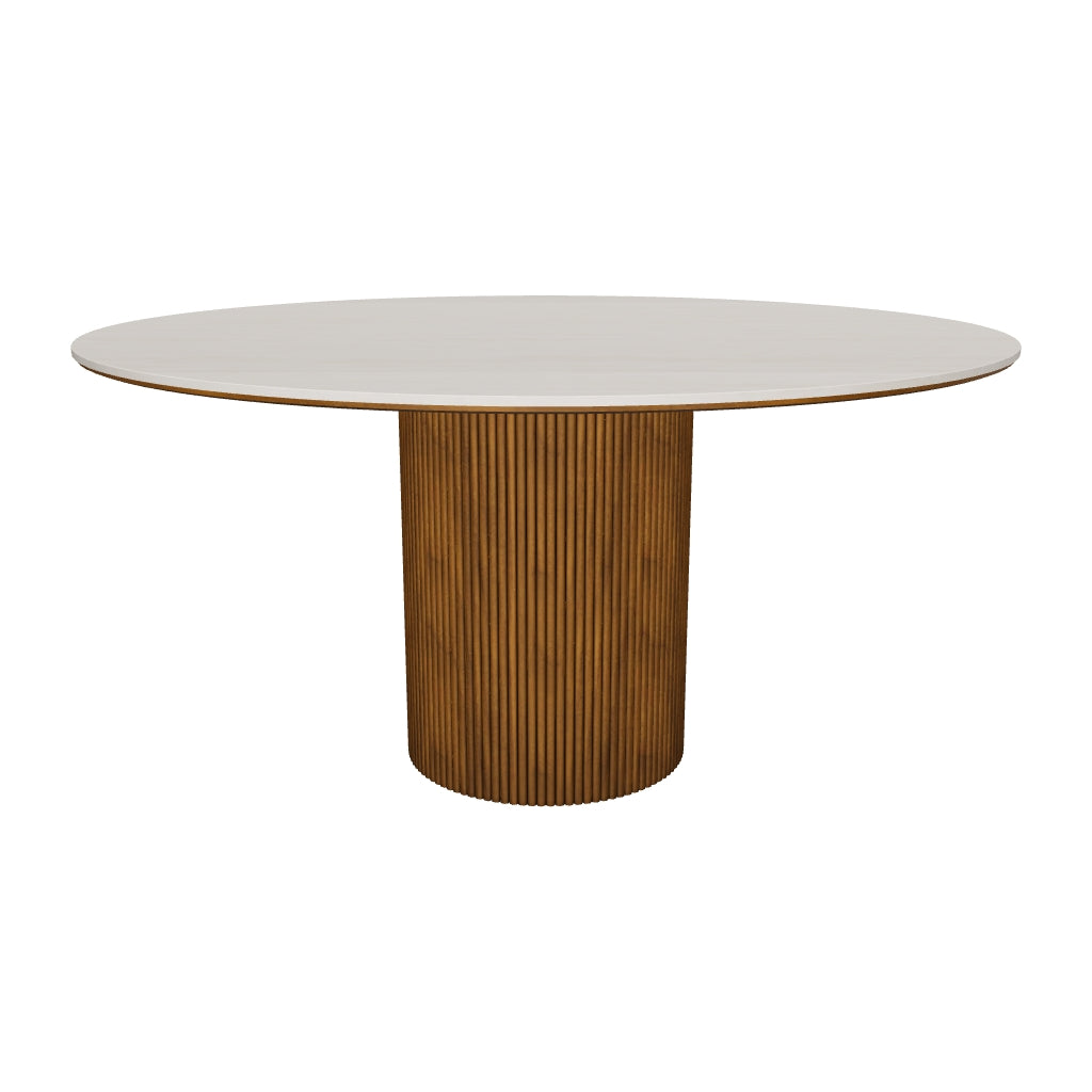 3D model of the Lucia Dining Table, 59" (150 cm), white travertine-look sintered stone top and fluted walnut-finished ash pedestal