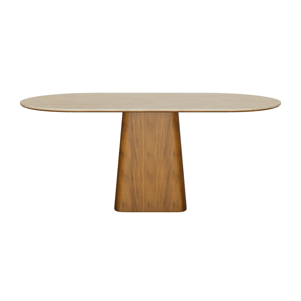 3D model of the Sorella Pedestal Table, 71" x 35" (180 x 90 cm), oval natural travertine-look sintered stone top and walnut-finished ash pedestal