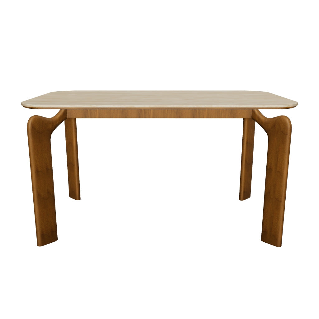 3D model of the Valencia Dining Table, 55" (140 cm), natural travertine-look sintered stone top and curved walnut-finished ash legs