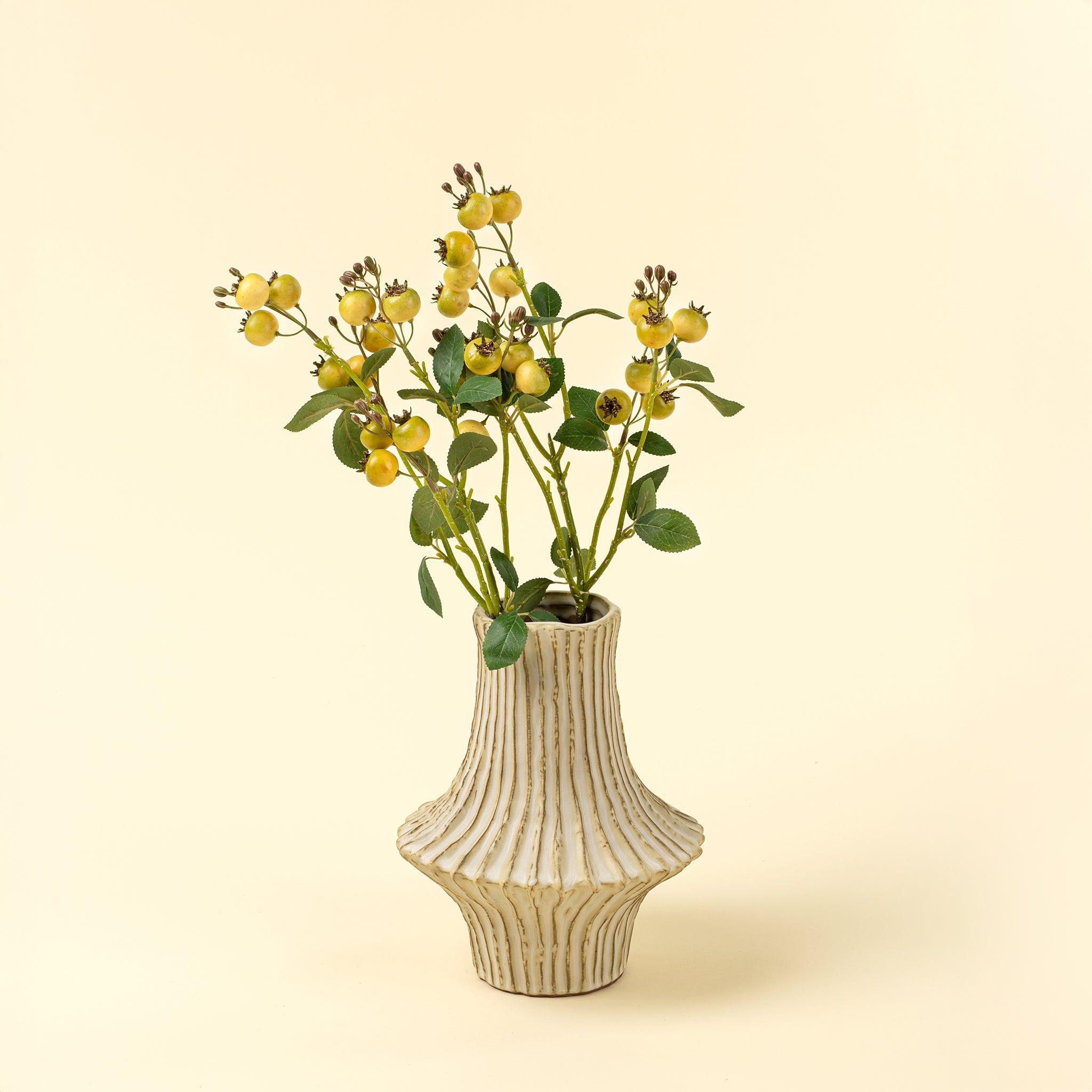Vase with yellow flowers on a beige background