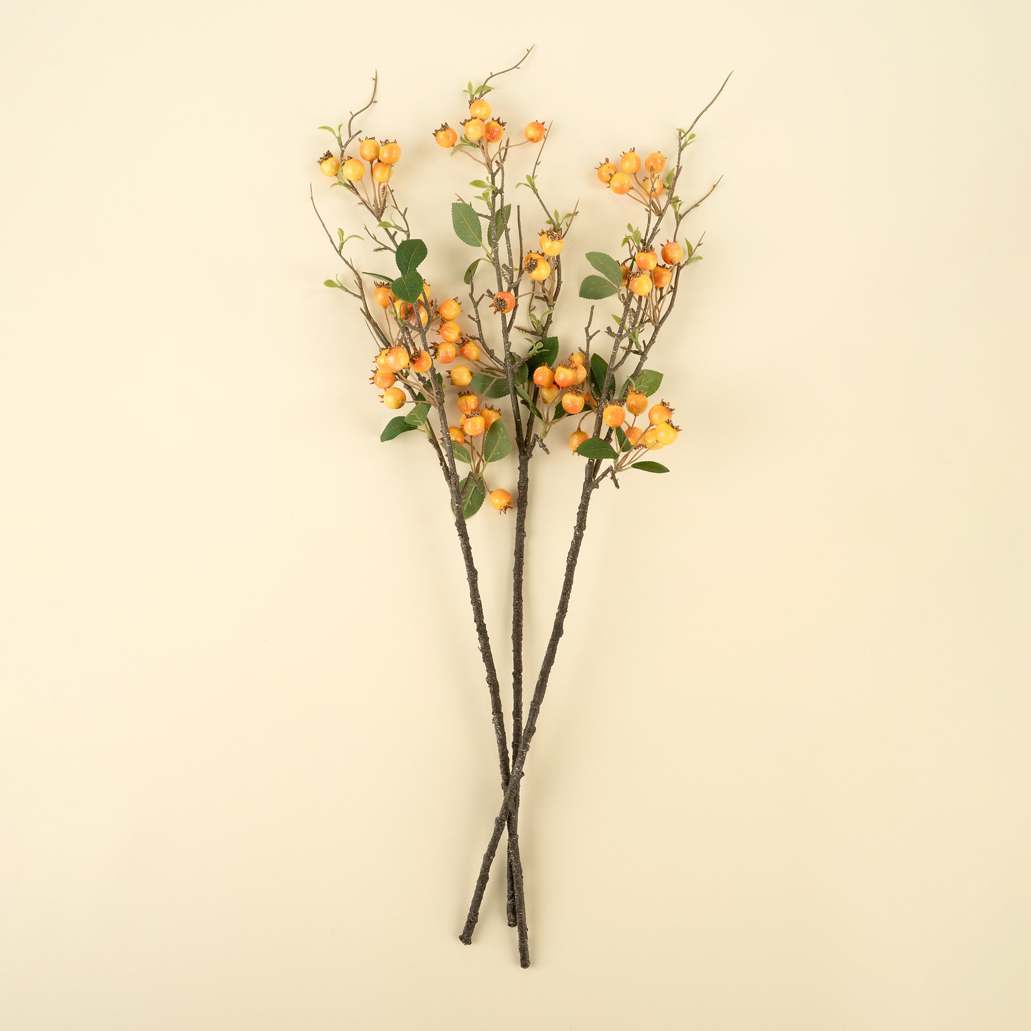 Artificial plant branches with orange berries on a beige background