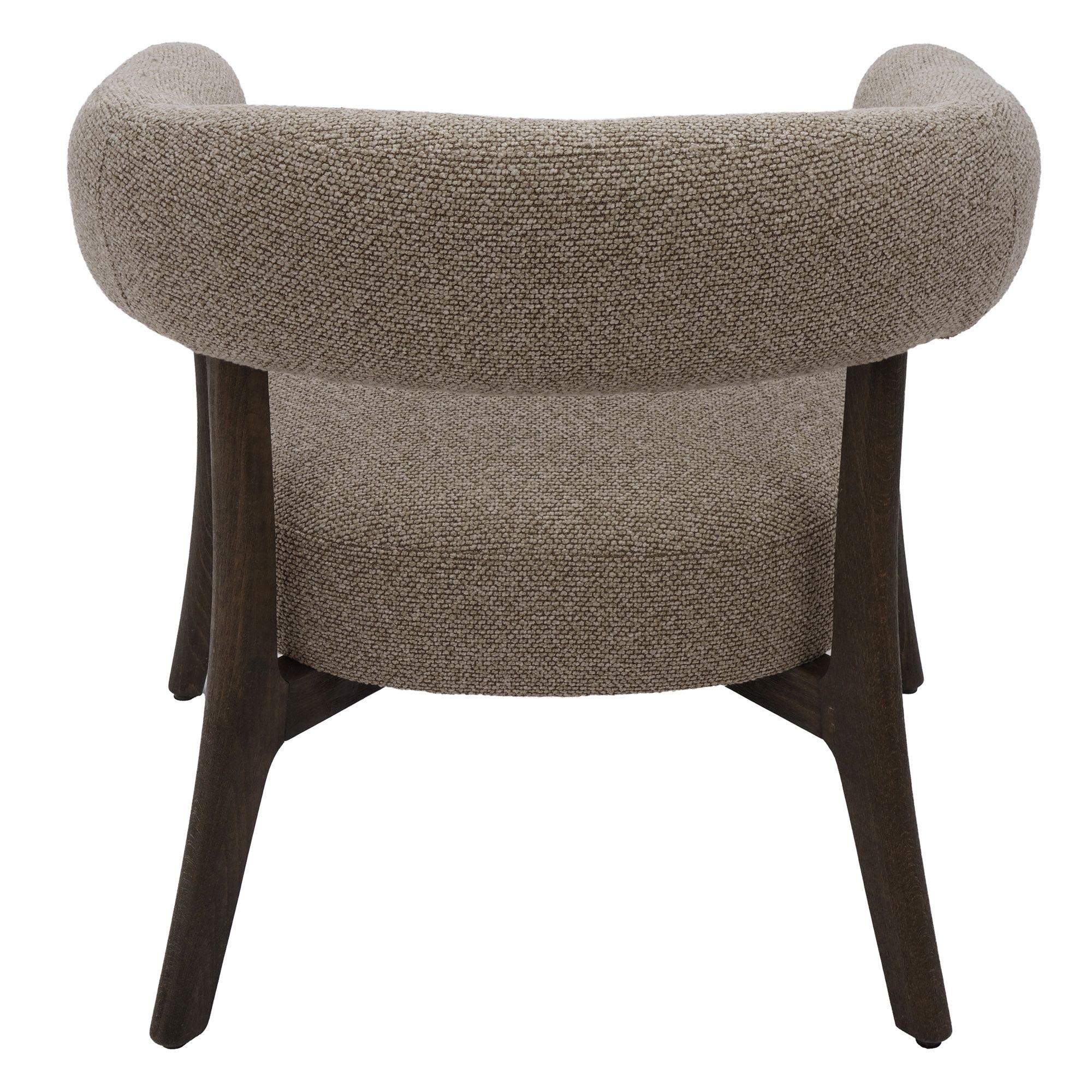 Full rear view of the Rowan chair highlighting the continuous brown textured fabric and architectural espresso base.
