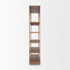 Side profile view of the five-tier Rowan arched bookcase showing its slim depth and open wooden frame.