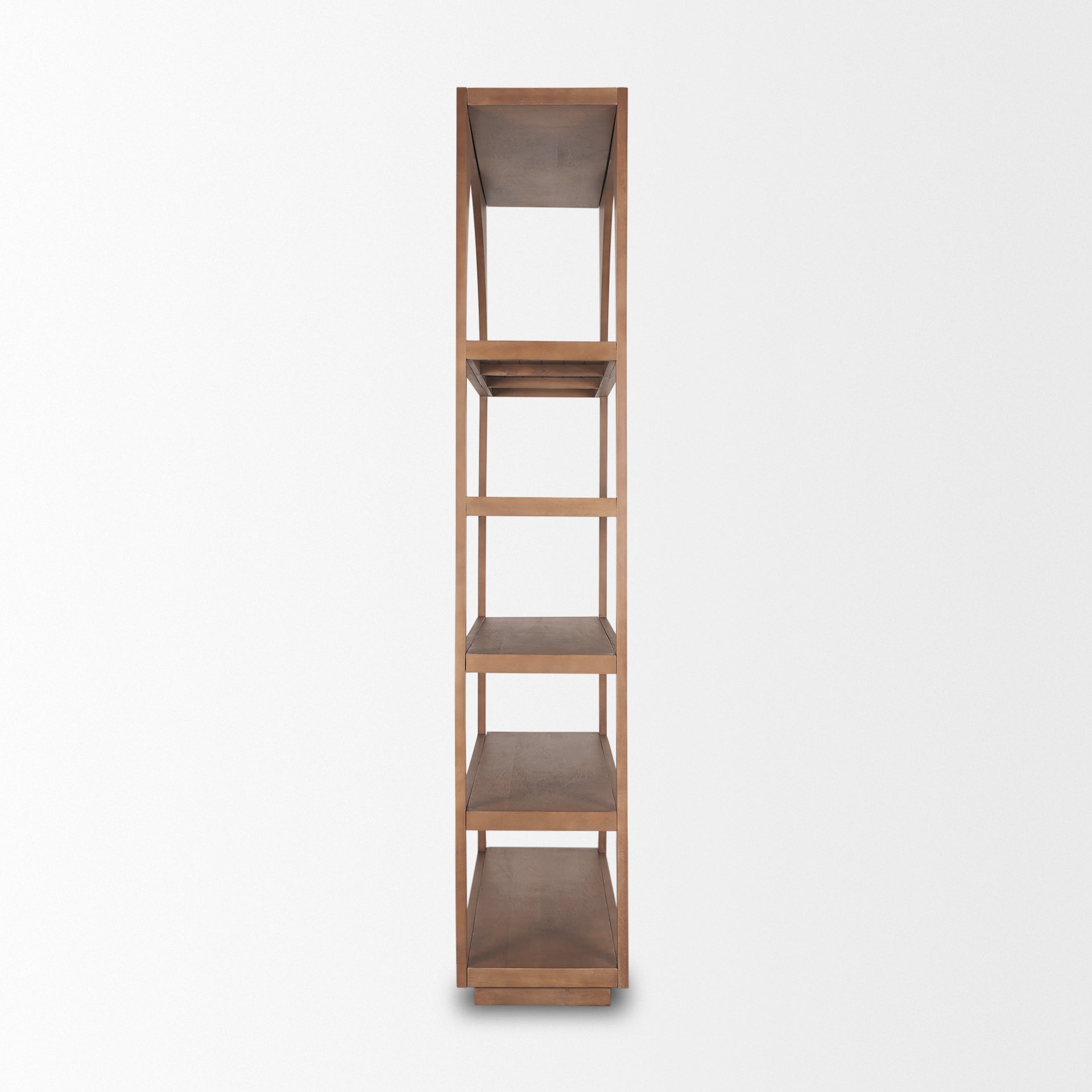 Side profile view of the five-tier Rowan arched bookcase showing its slim depth and open wooden frame.