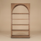Full front view of the Rowan arched wooden bookcase featuring five open shelves in a warm brown finish.