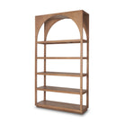 Angled view of the empty Rowan arched wood bookcase highlighting its five open shelves and rounded top.