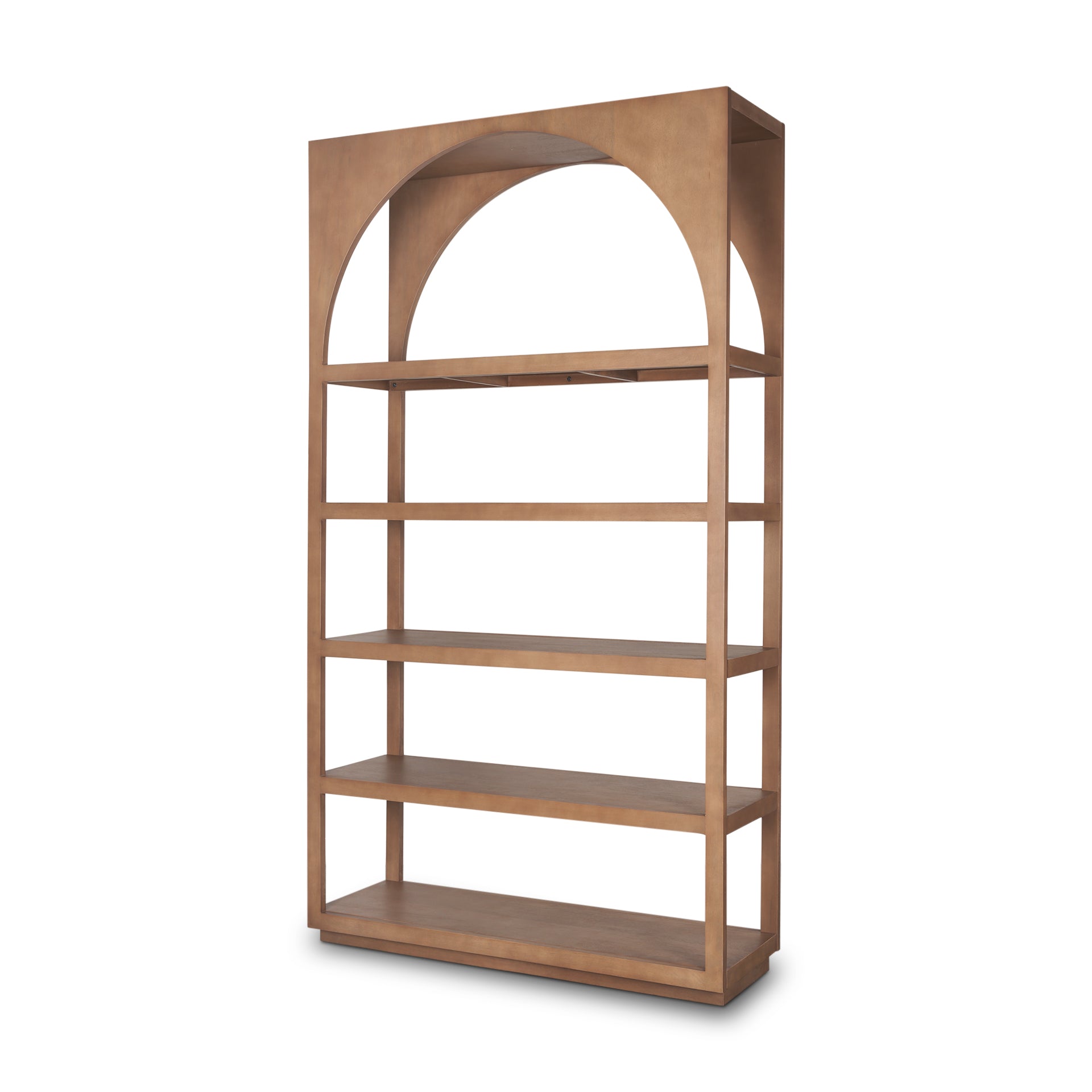 Angled view of the empty Rowan arched wood bookcase highlighting its five open shelves and rounded top.