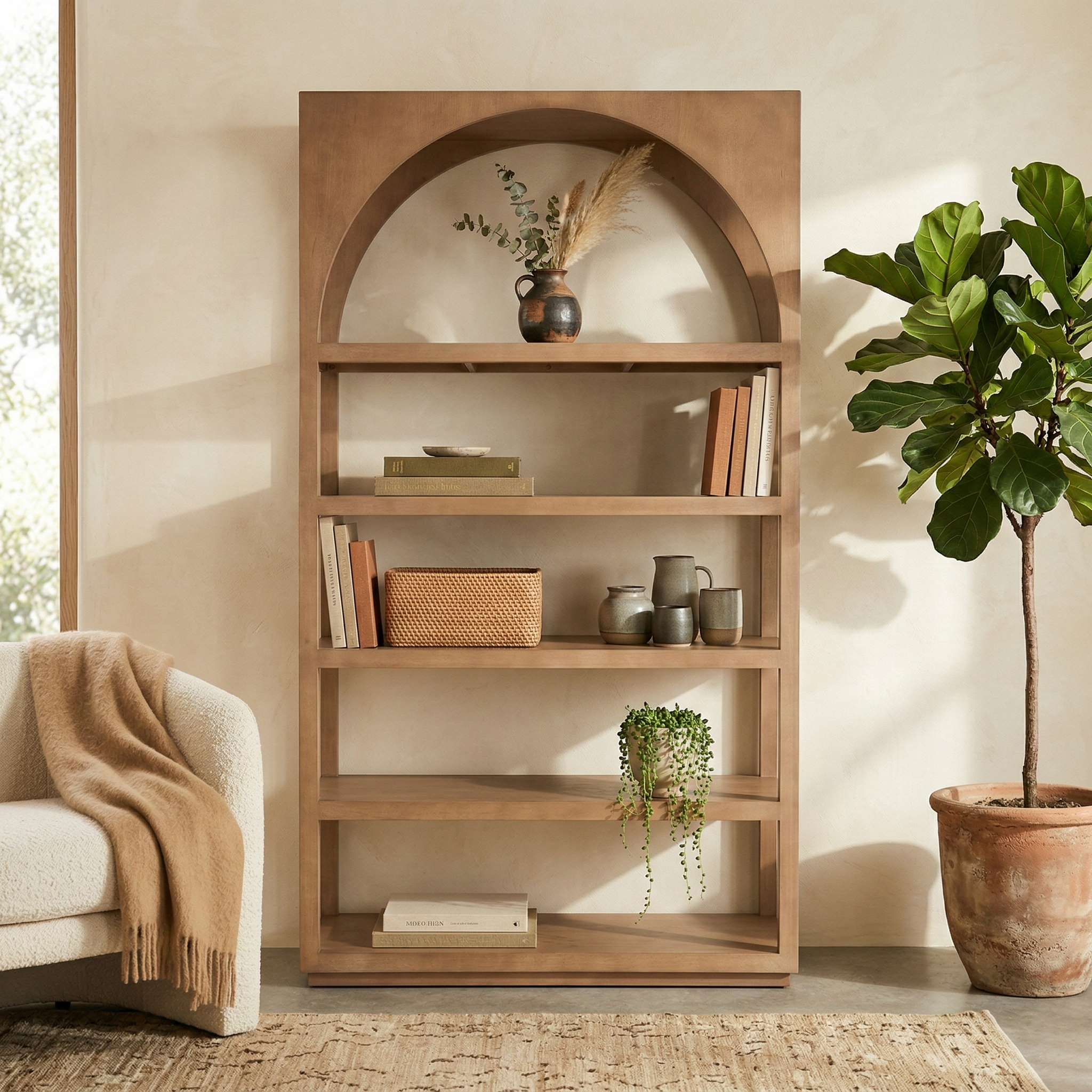 The Rowan arched wood bookcase styled with plants, books, and ceramics in a warm, earthy living room setting.
