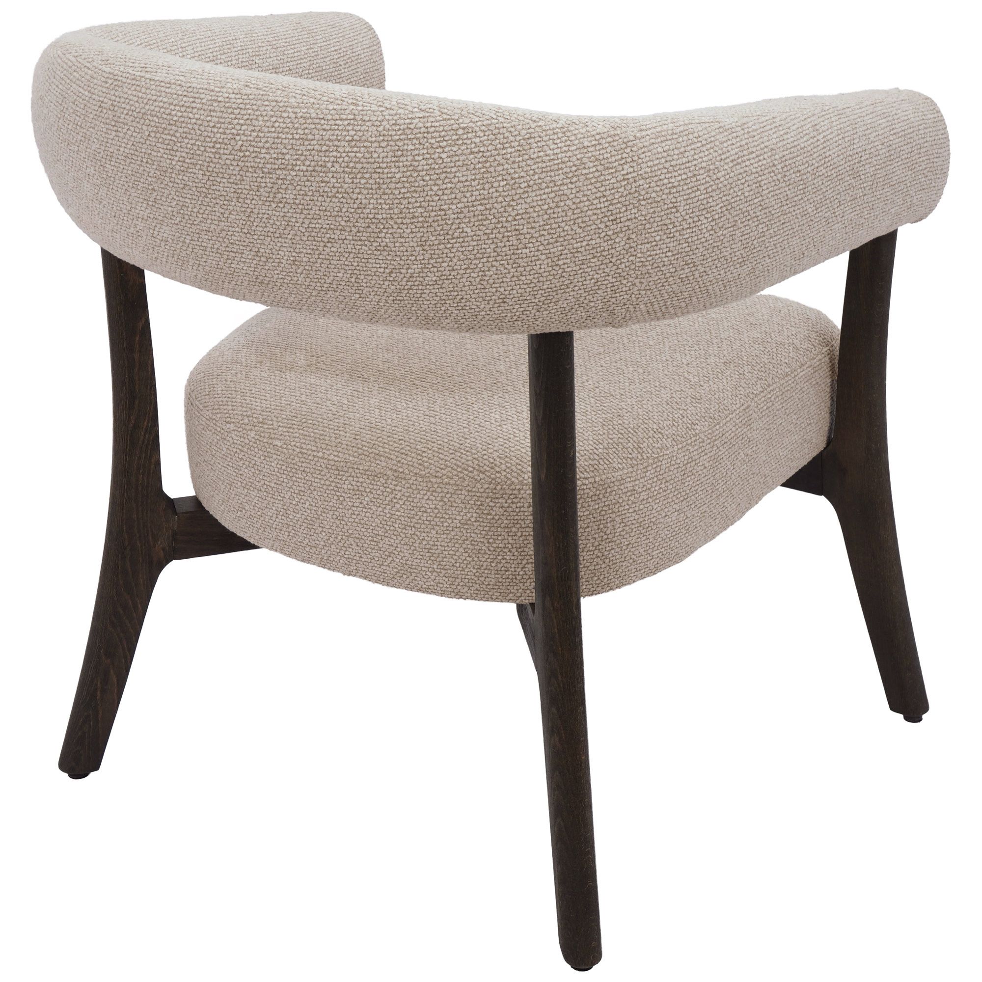 Rear angled view highlighting the contrast between the light oat fabric and the dark finished solid wood frame.