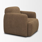 Angled view of the Rowan mocha brown chair highlighting its deep seat and modern curved silhouette.