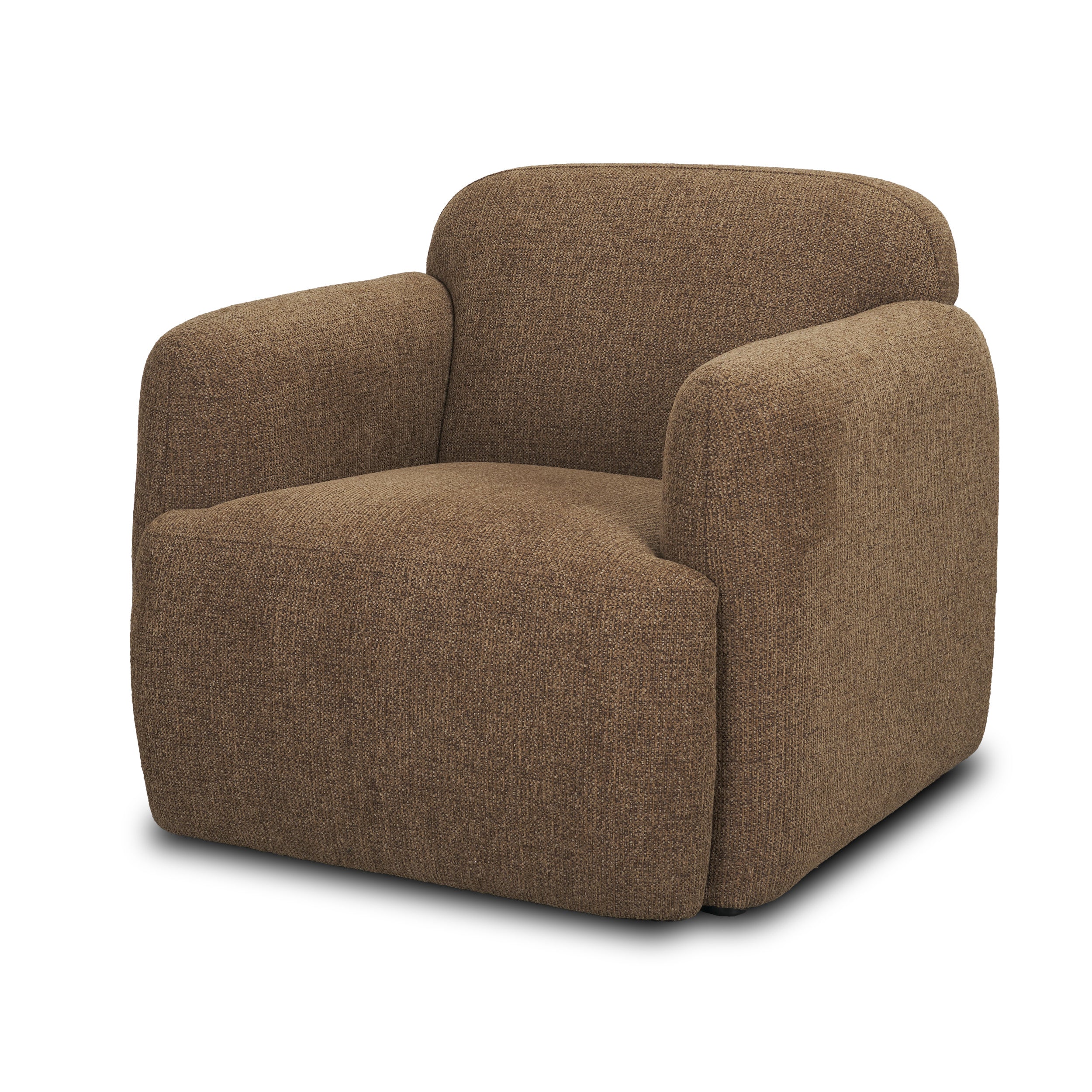 Studio three-quarter view of the Rowan accent chair showing the mocha brown textured fabric and deep comfortable seat.