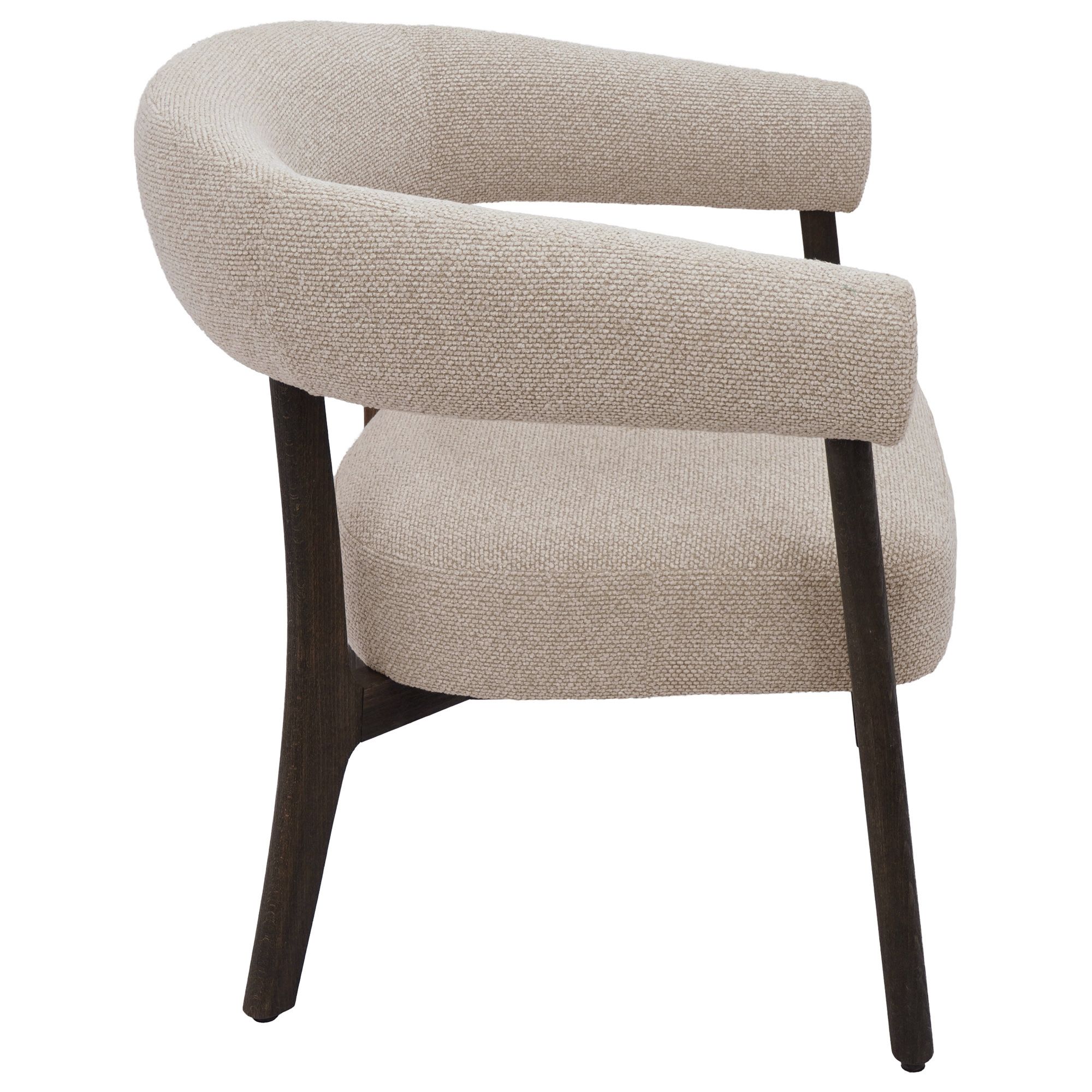 Direct side profile of the Rowan chair emphasizing the ergonomic slant of the backrest and the clean lines of the wood joinery.