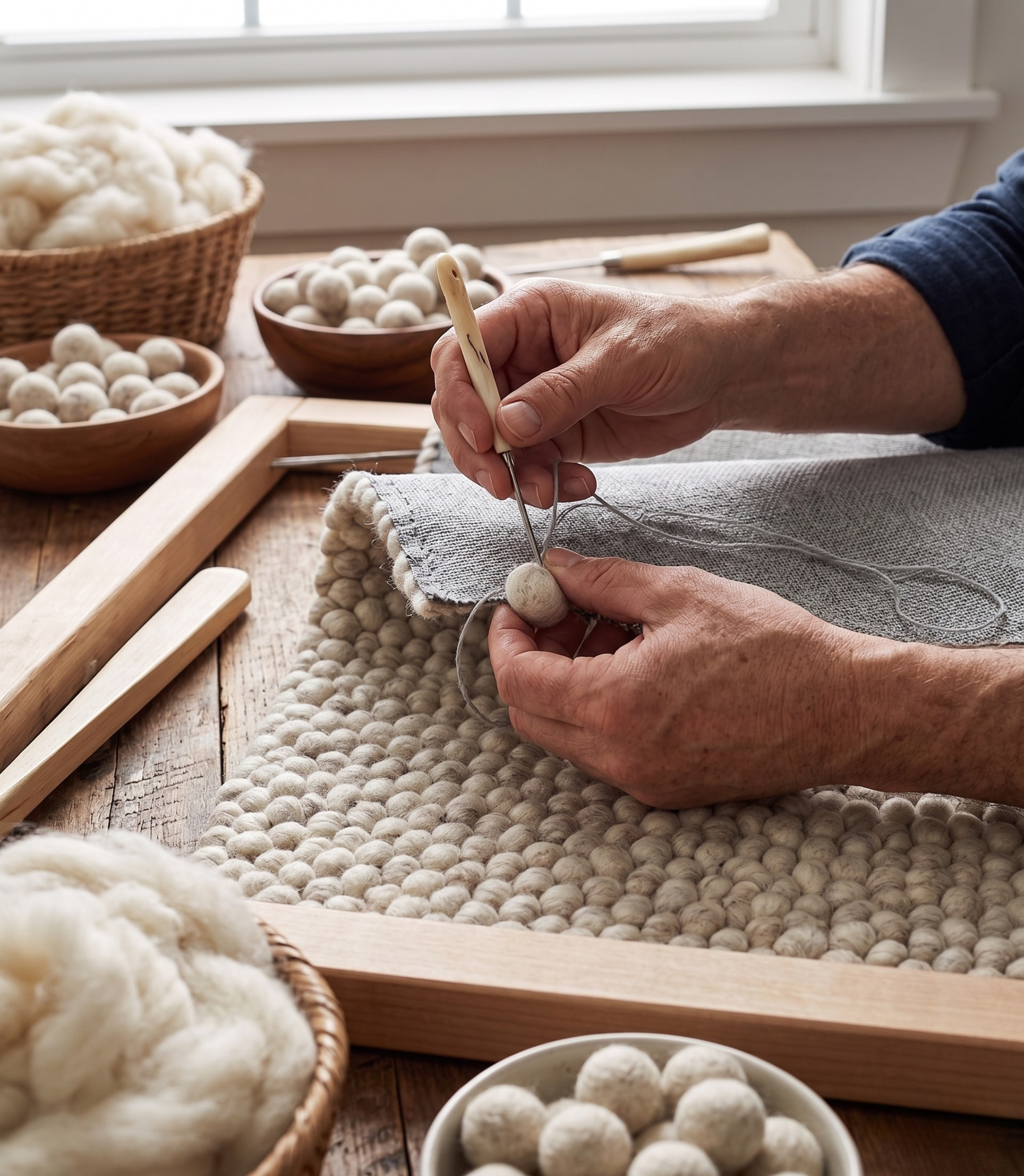 Person working with yarn and wool on a wooden table