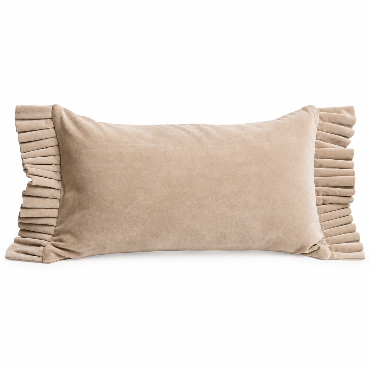 Sabine beige velvet lumbar cushion with pleated ruffles on two sides
