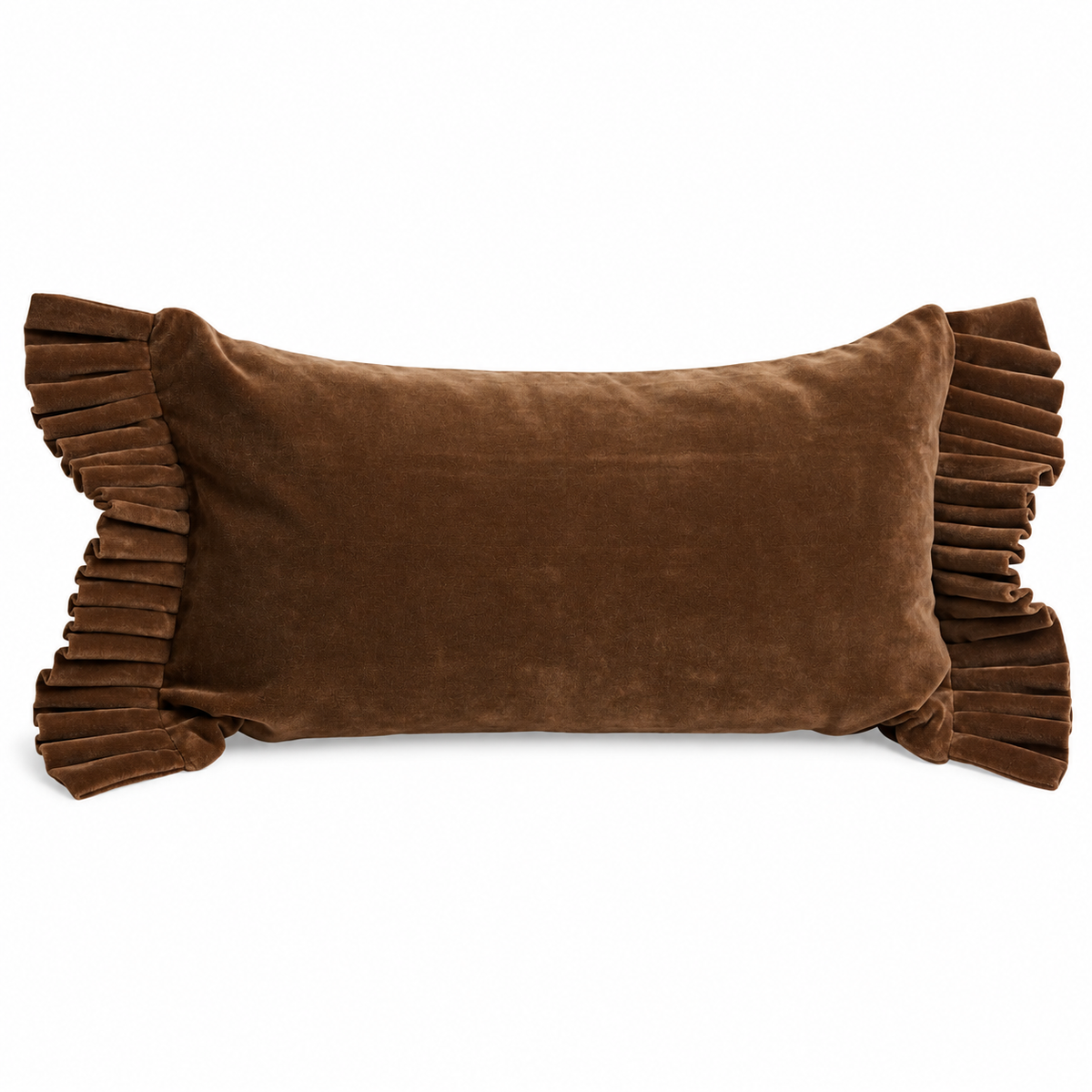 Sabine dark brown velvet lumbar cushion with pleated ruffle sides, 12 by 22 inches