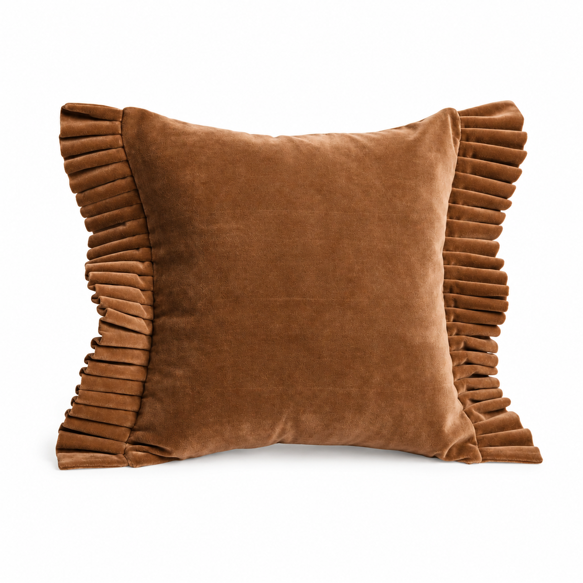 Sabine woodsmoke brown velvet cushion with pleated ruffles on two sides