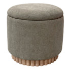 Round storage ottoman with moss color textured fabric and wooden legs on a white background
