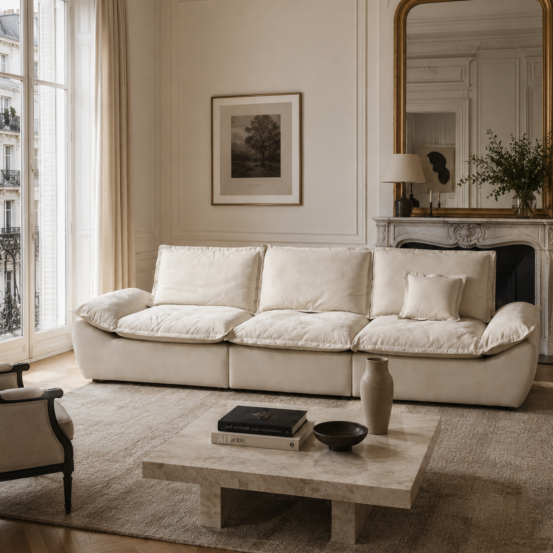 The beige sailing-shaped sofa styled in an elegant Parisian living room with a marble coffee table and gold mirror.