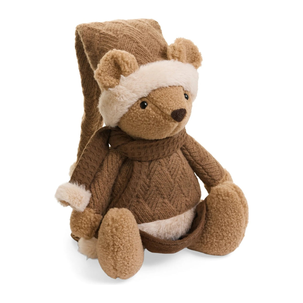 Seated brown holiday bear with long hat and scarf