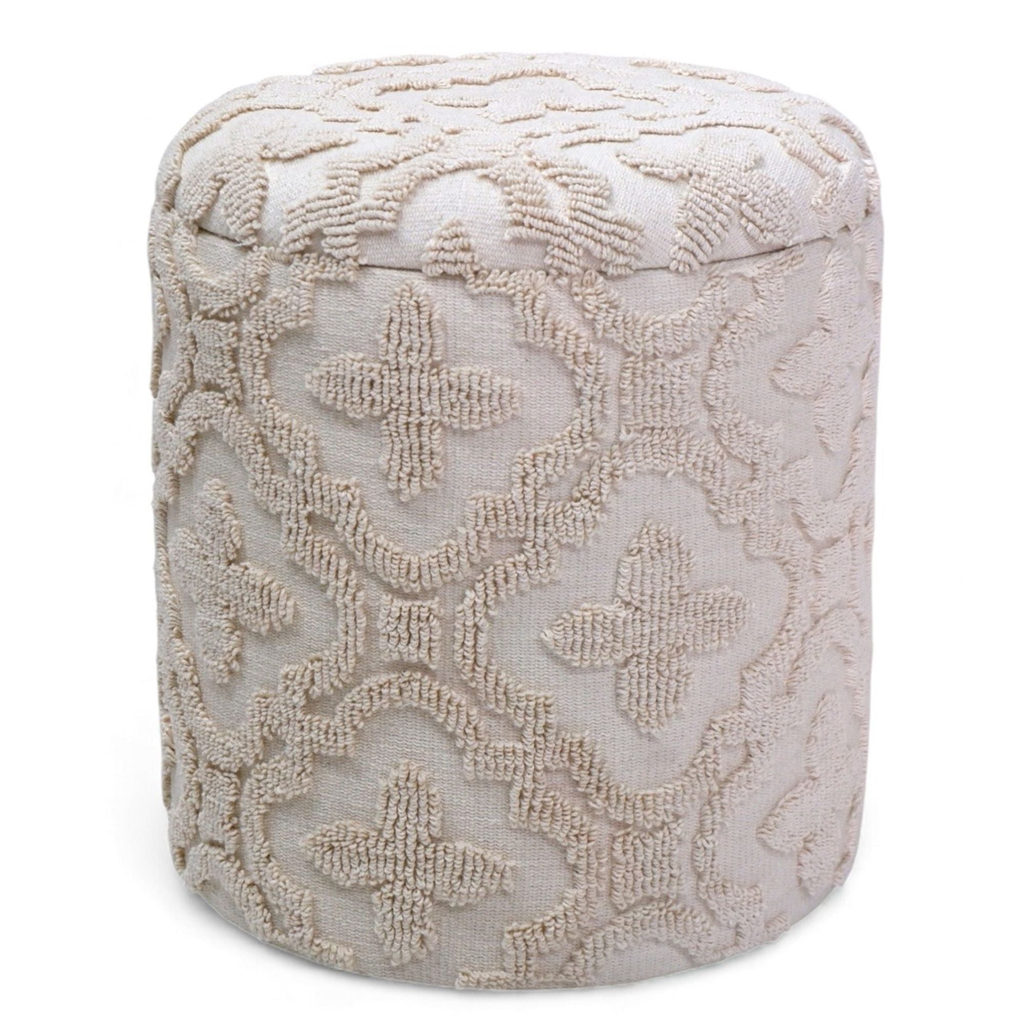 Decorative ottoman with intricate lace pattern on a white background