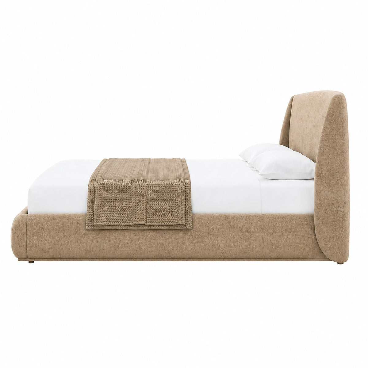 Side view of the Serelle Upholstered Bed in dark beige, showing the high headboard and rounded footboard on a white background.