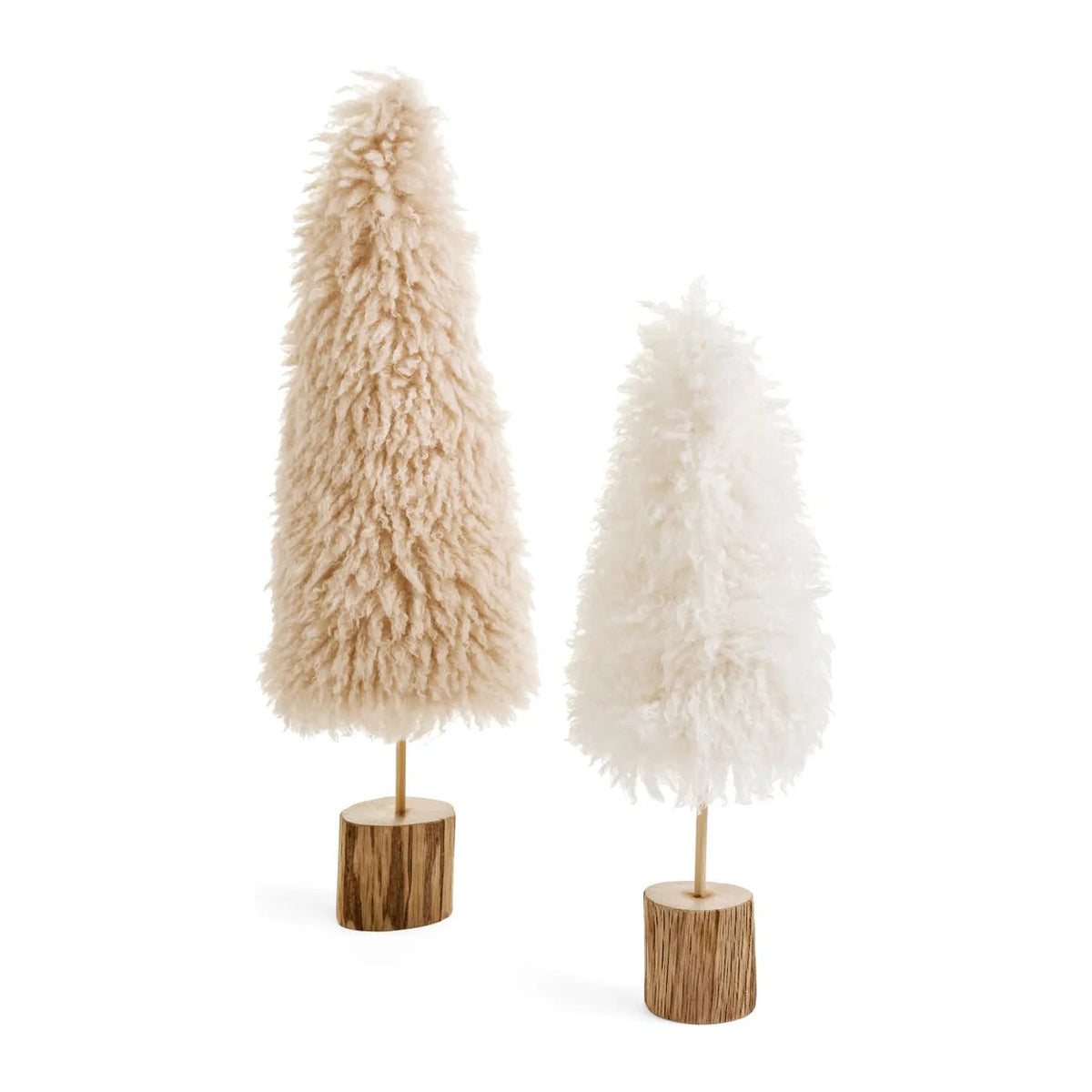 Two shaggy wool tabletop trees in beige and white on natural wood bases