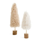 Two shaggy wool tabletop trees in beige and white on natural wood bases