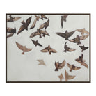 Silent Flight hand-painted wall art featuring an abstract flock of brown birds on a textured white canvas.