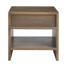 Wooden side table with a single drawer and open shelf on a white background