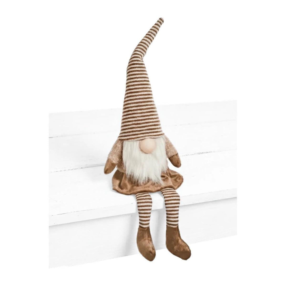 Noelle sitting gnome with dangling legs in brown and white