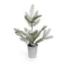 Snow-flocked tabletop evergreen tree in a galvanized metal pot