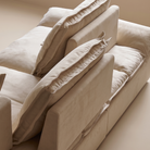 High-angle detail shot of the sofa’s adjustable backrest system allowing for customizable seating depth.
